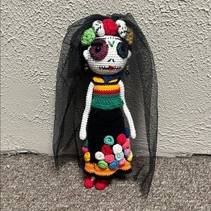 Colorful Crochet Skeleton Frida Doll with Black Veil - 15” Tall
